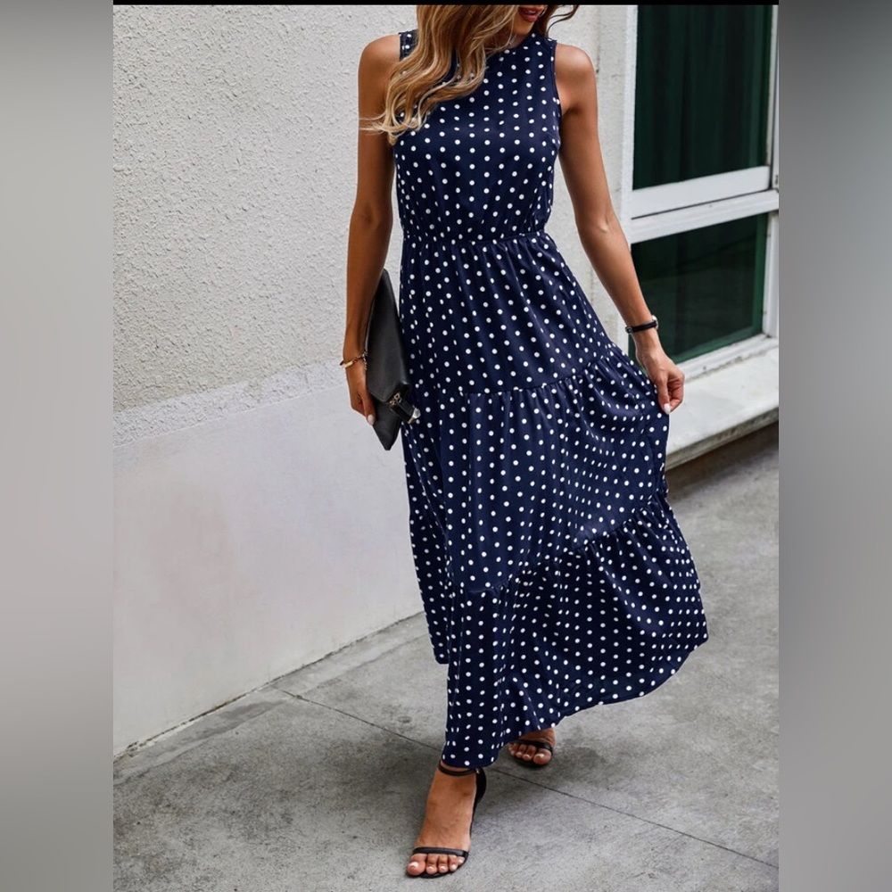 Elegant Navy Polka Dot Maxi Dress